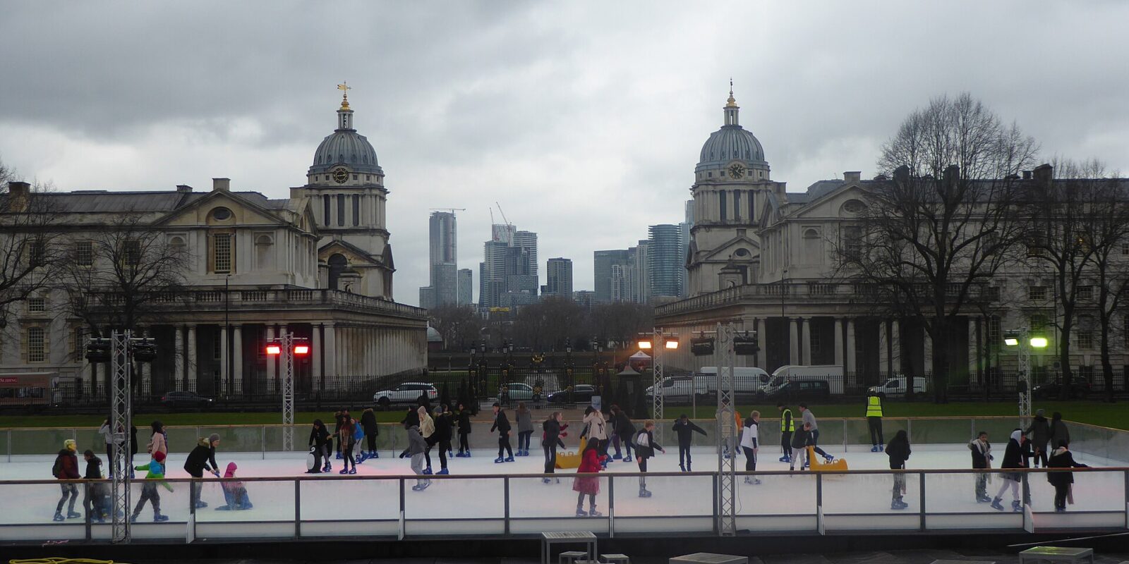 Ice skating beside the Old Royal Naval College, Greenwich, at Christmas