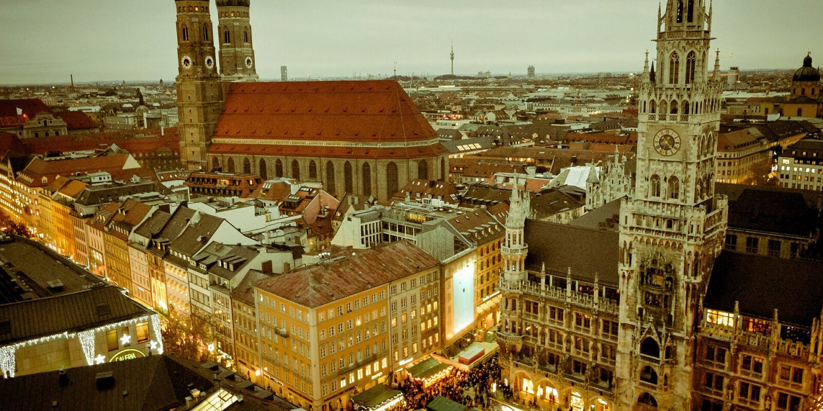 Christmas market stalls on Marienplatz in Munich, seen from above beside the New Town Hall